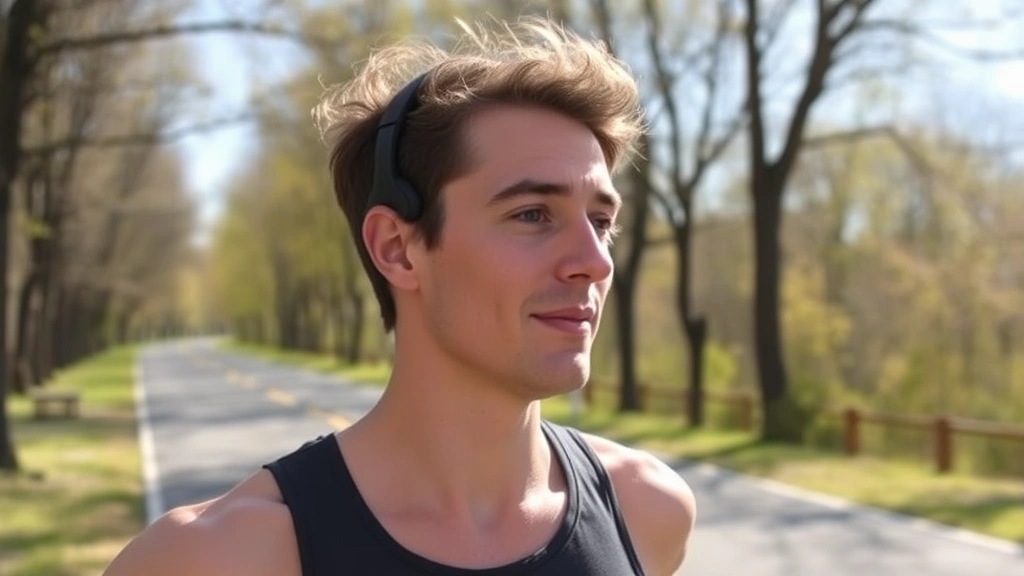 Person wearing bone conduction headphones while jogging outdoors on a sunny path with trees in background, showing proper headphone placement on temples