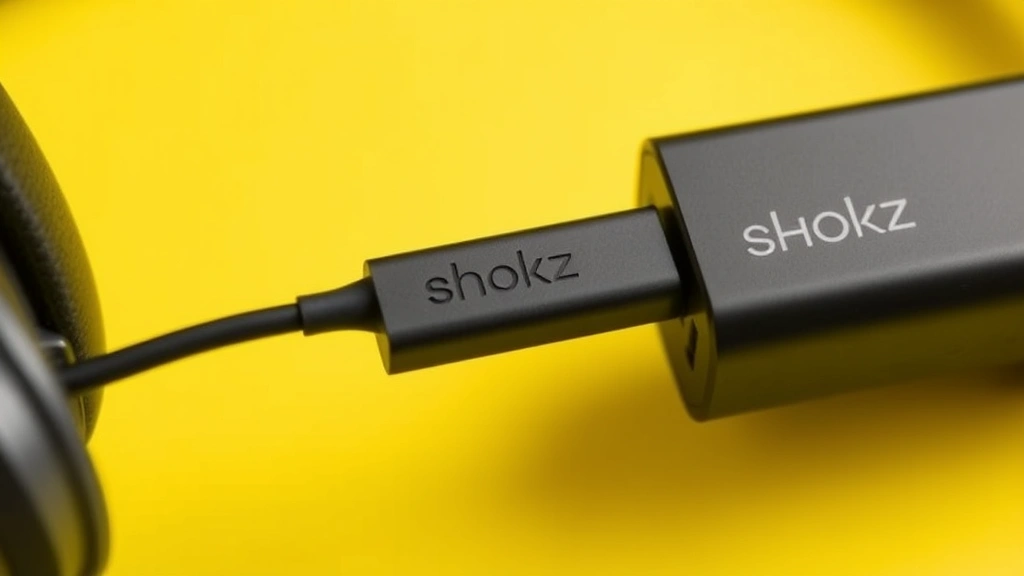 Close-up of Shokz headphone charging port with magnetic charging cable attached to power adapter, demonstrating correct charging connection technique