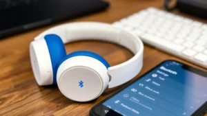 Close-up of Skullcandy wireless headphones in white and blue colors showing power button and LED indicators, sitting on a desk next to a smartphone displaying Bluetooth settings menu