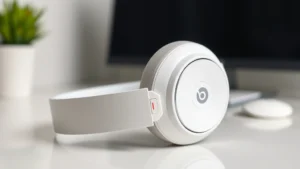 Professional studio photograph of white Beats Solo 3 Wireless headphones positioned on a clean desk surface with a blurred home office background, showing the right ear cup with visible power button and LED indicator light