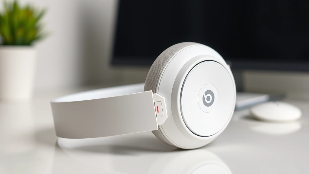 Professional studio photograph of white Beats Solo 3 Wireless headphones positioned on a clean desk surface with a blurred home office background, showing the right ear cup with visible power button and LED indicator light