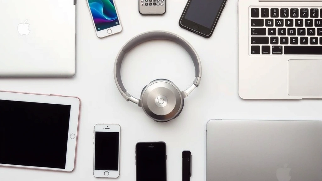 Flat lay composition featuring multiple devices including iPhone, iPad, Mac laptop, and Android phone arranged in a circle around silver Beats Solo 3 Wireless headphones, demonstrating multi-device connectivity possibilities