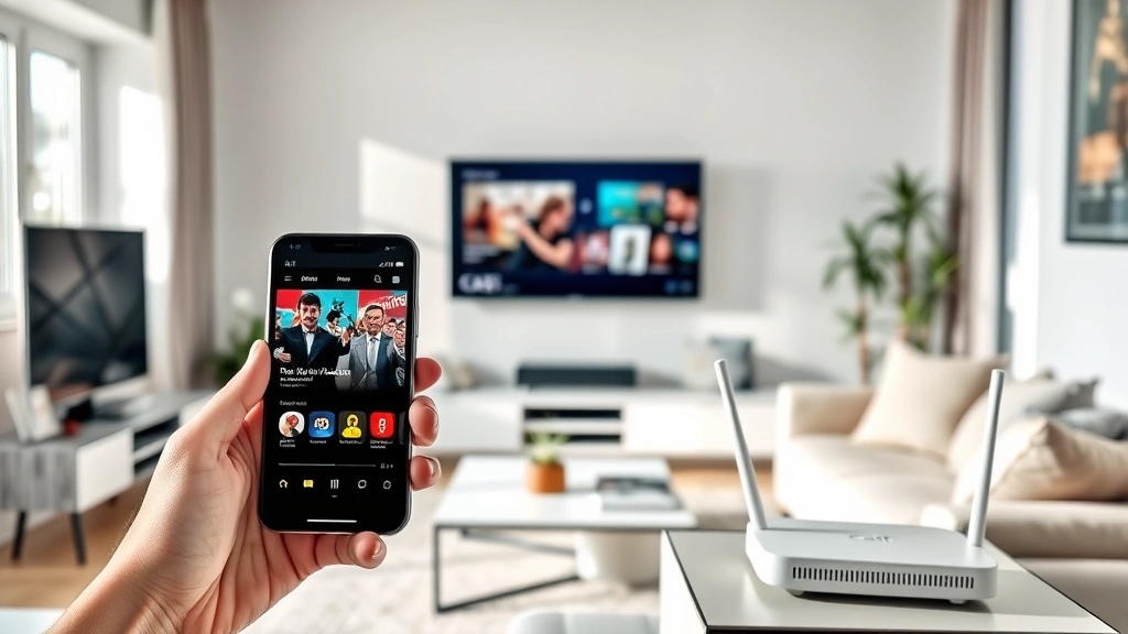 Professional home entertainment setup showing modern living room with wall-mounted television, phone displaying cast interface in foreground, WiFi router visible on side table, natural lighting from windows, contemporary furniture and décor, no text or labels visible