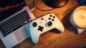 Professional overhead shot of white Xbox Series X controller on wooden desk with MacBook Pro, warm desk lamp lighting, shallow depth of field, modern gaming setup aesthetic