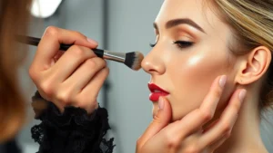 Close-up of makeup artist applying cream contour to model's cheekbones with precision brush, professional lighting studio setting, hands demonstrating proper technique and product placement
