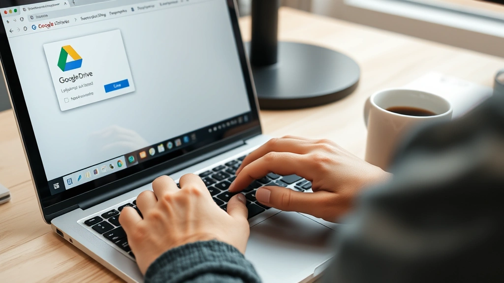 Close-up of hands typing on laptop keyboard with Google Drive interface visible on screen, showing file upload dialog and Word document icon highlighted, modern office desk setup with coffee cup nearby