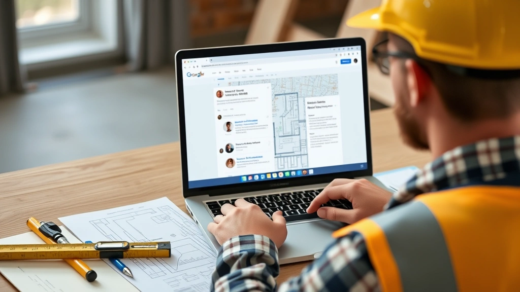 Wide shot of construction worker reviewing building plans on laptop screen, showing Google Docs collaboration interface with multiple user avatars and comments visible, clipboard and measuring tools on desk surface