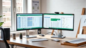 Professional home office desk with dual monitors displaying spreadsheet data, one showing Excel interface and other showing Google Sheets, natural lighting from window, modern workspace setup with construction project materials visible nearby