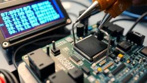 Close-up of microcontroller circuit board with hexadecimal values displayed on connected digital screen, professional electronics workbench setting with soldering iron and components