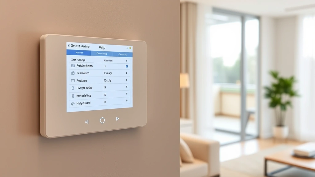 Smart home control panel mounted on residential wall showing networked device addresses and configuration settings with digital interface, modern living room background