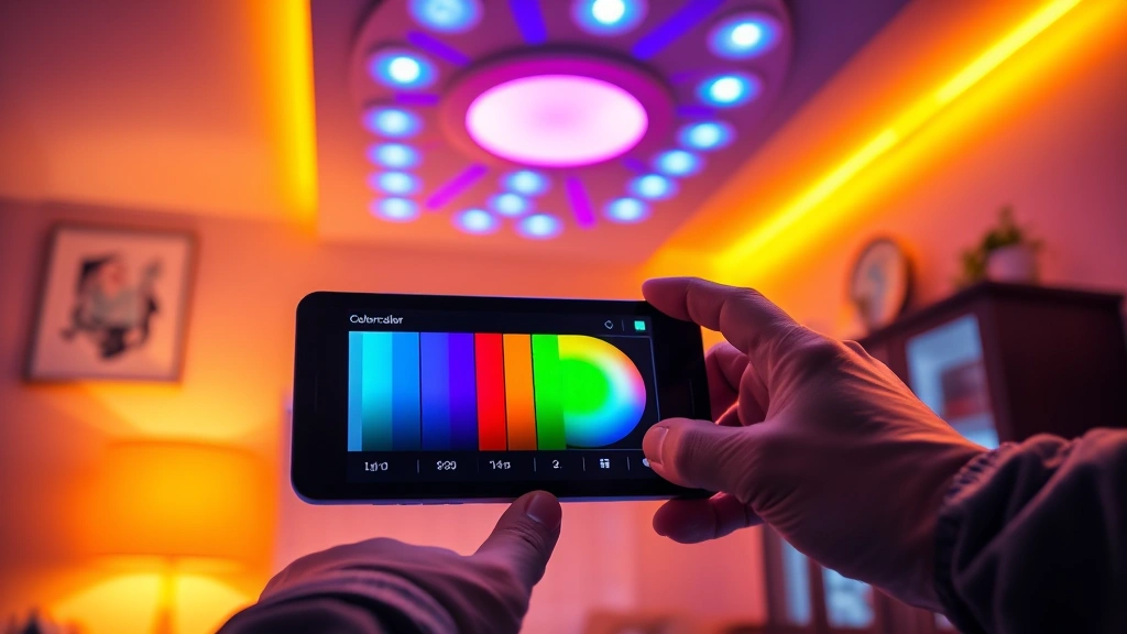 Technician's hands working on smart home LED lighting system with color customization display showing hexadecimal color codes, warm ambient lighting in home environment