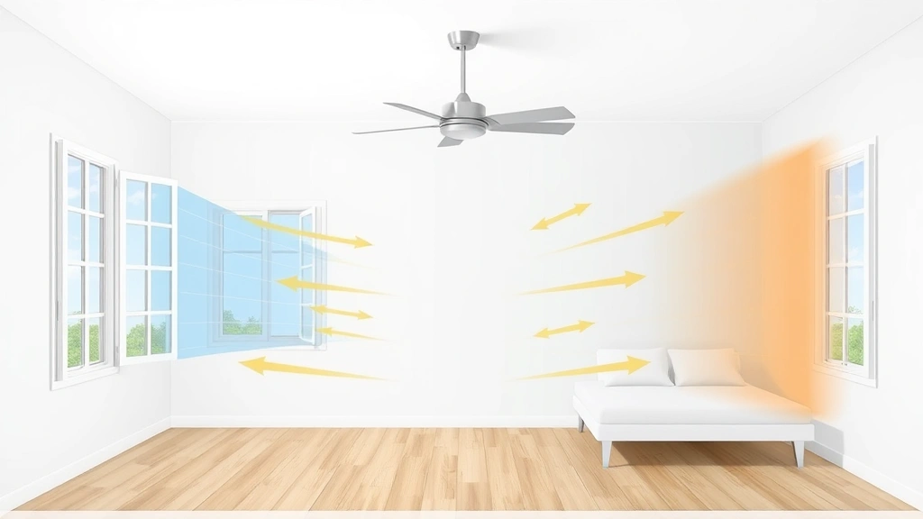 Cross-section diagram visualization showing air circulation patterns through open windows on opposite sides of a room, with arrows indicating cool air intake and warm air exhaust, ceiling fan visible