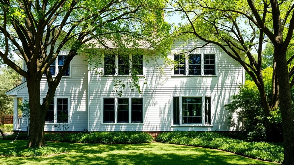 Exterior view of house with mature deciduous trees providing dappled shade on south and west-facing walls, light-colored reflective paint visible, green landscaping with ground cover, bright sunny day