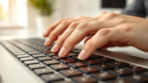 Close-up view of a computer keyboard with hands positioned over the Ctrl and C keys, demonstrating keyboard shortcuts for copying text, neutral office background with soft natural lighting