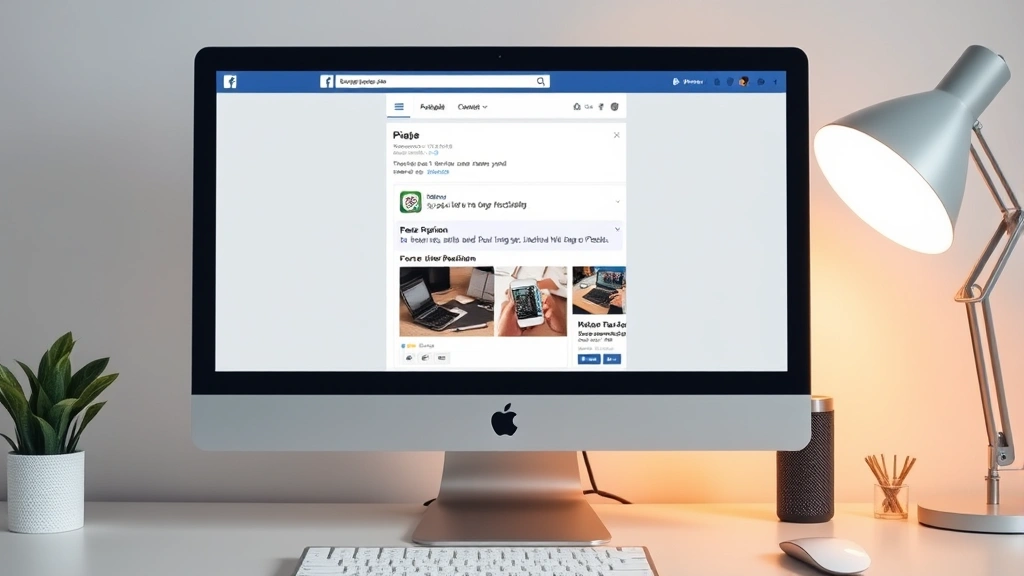 Desktop computer monitor displaying Facebook's post composition interface with a rich link preview showing website title, description, and thumbnail image, modern clean workspace with desk accessories visible