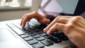 Close-up of hands on Chromebook keyboard showing Ctrl+C key being pressed, fingers positioned on home row, modern laptop in bright office lighting