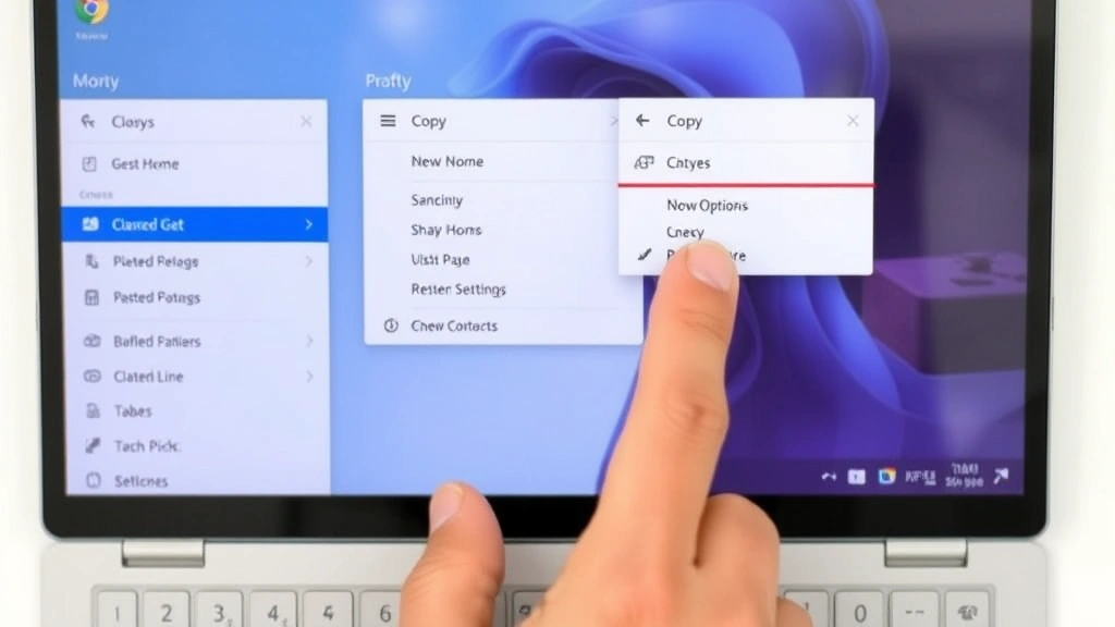 Person using Chromebook touchpad with two fingers performing right-click gesture, screen showing context menu with copy option highlighted