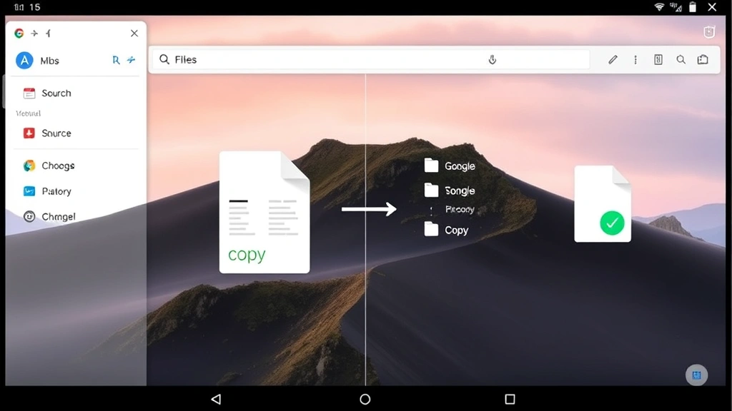 Split-screen view of Chromebook Files app showing source and destination folders with file being dragged between them, visual indicators of copy operation