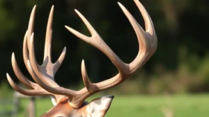 Close-up side profile of mature whitetail buck antlers showing distinct points and main beam structure, natural outdoor lighting, clear point definition