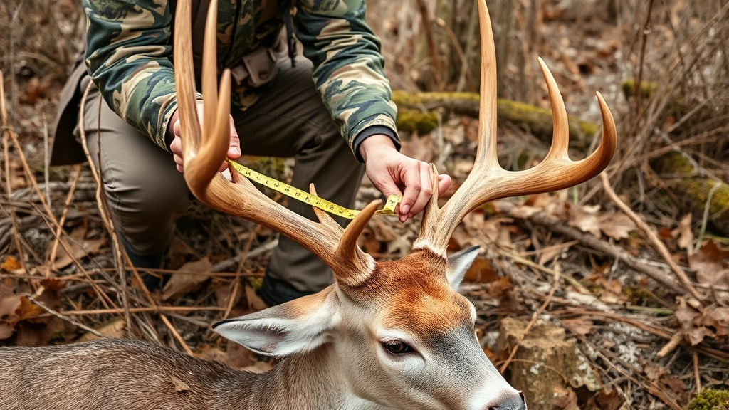 Hunter in camouflage measuring deer antlers with flexible tape measure in field setting, demonstrating proper measurement technique from base to tip