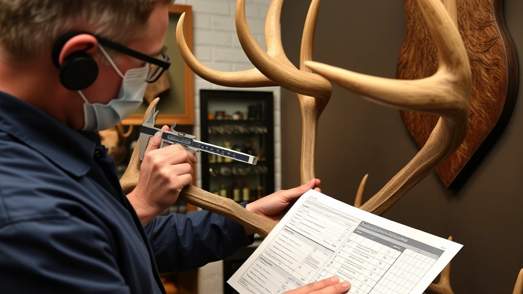 Professional taxidermist examining mounted buck antlers with measuring calipers and documentation sheet, showing official scoring equipment and record-keeping process