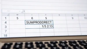 Close-up of Excel spreadsheet showing SUMPRODUCT formula in formula bar with data range highlighted in blue, professional office environment with keyboard visible