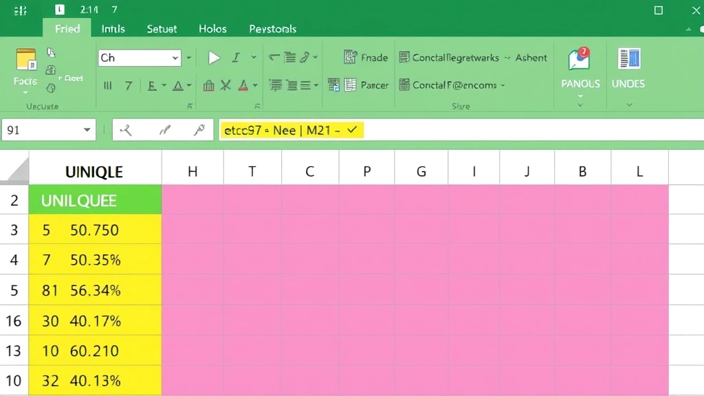 Excel 365 interface displaying UNIQUE function results with distinct values extracted into new column, clean spreadsheet layout with color-coded data