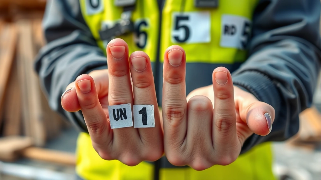 Close-up of hands counting on fingers with Spanish number labels uno through cinco displayed clearly, construction worker hands with numbered building materials in background, natural daylight