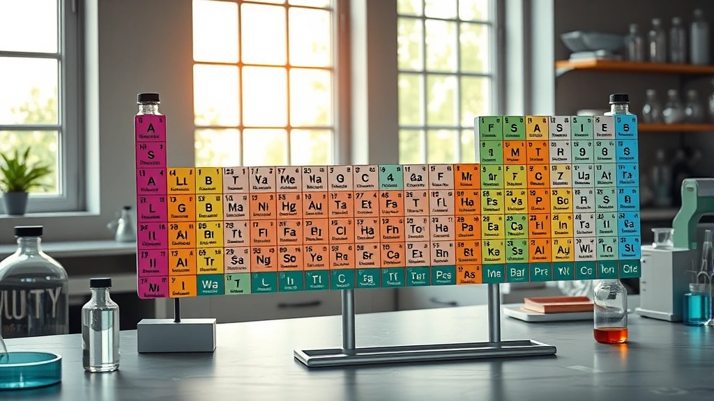 Photorealistic periodic table displayed on a laboratory desk with colorful element blocks and electron shell diagrams, natural lighting from a window