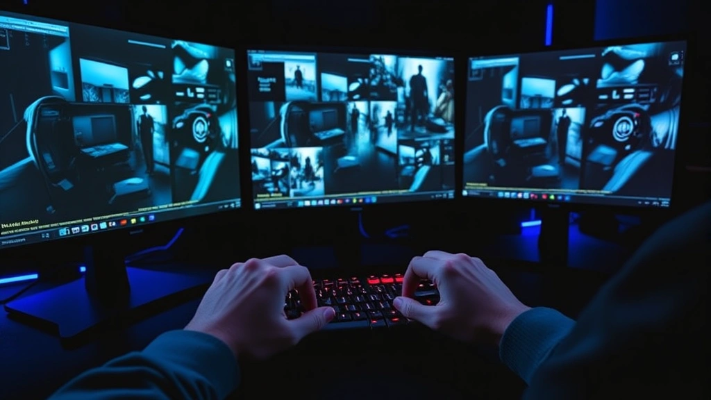 Professional gaming setup with multiple monitors displaying security footage interface, hands on keyboard ready for rapid response, cool blue lighting on dark background, intense focus atmosphere