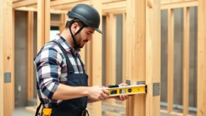 Professional carpenter framing wooden wall structure with 2x4 studs and metal brackets, level tool visible, construction site with foundation visible in background