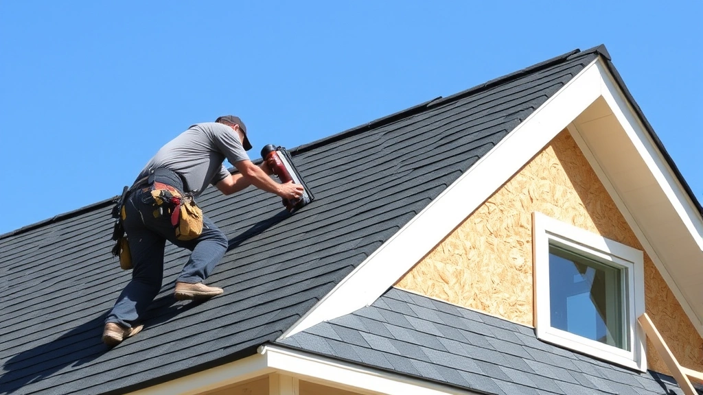 Worker installing asphalt shingles on gable roof with proper overlap, roofing nailer in hand, completed sheathing and underlayment visible, clear sky
