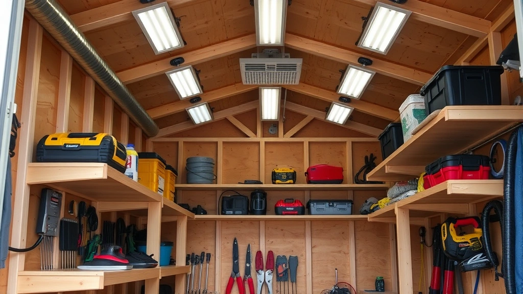 Interior view of completed shed showing organized shelving with tools and equipment stored, LED lighting fixtures, ventilation details visible, clean organized workspace
