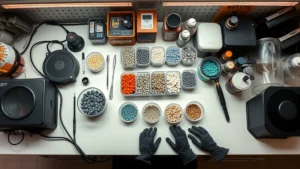 Wide overhead view of organized crafting workspace with heating apparatus, measuring instruments, storage containers of ender pearls and ghast tears, safety goggles and gloves arranged on clean work surface, warm professional lighting