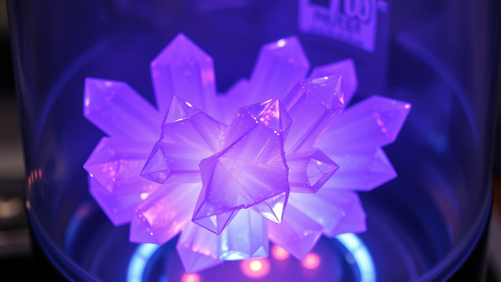 Close-up of crystalline formation process showing glowing purple and blue crystal lattice structures forming in heating vessel, with thermometer visible and controlled heat source below, crystalline structures clearly visible