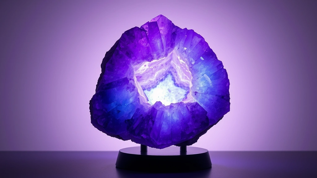 Finished end crystal on display stand showing luminescent properties with internal glowing core, purple and blue coloring, perfect geometric crystal formation, professional lighting highlighting transparency and internal light emission