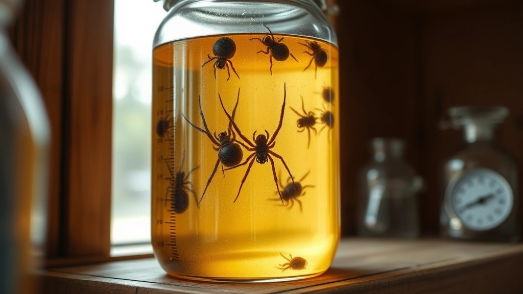 Close-up of glass fermentation jar filled with translucent amber liquid and submerged dark spider eyes, sitting on wooden shelf with temperature gauge visible, natural lighting from window