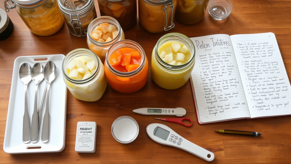 Organized fermentation workspace showing multiple glass jars at different fermentation stages, clean utensils, pH testing kit, thermometer, and detailed handwritten fermentation journal on wooden table