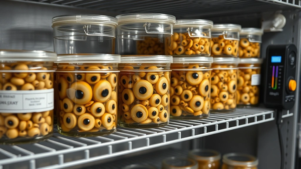 Finished fermented spider eyes in sealed glass storage containers arranged on cool basement shelving unit with temperature control device, proper labeling visible, professional storage setup