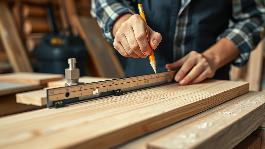 Professional woodworker measuring and marking hardwood lumber on workbench with framing square and pencil, natural workshop lighting, close-up detail view