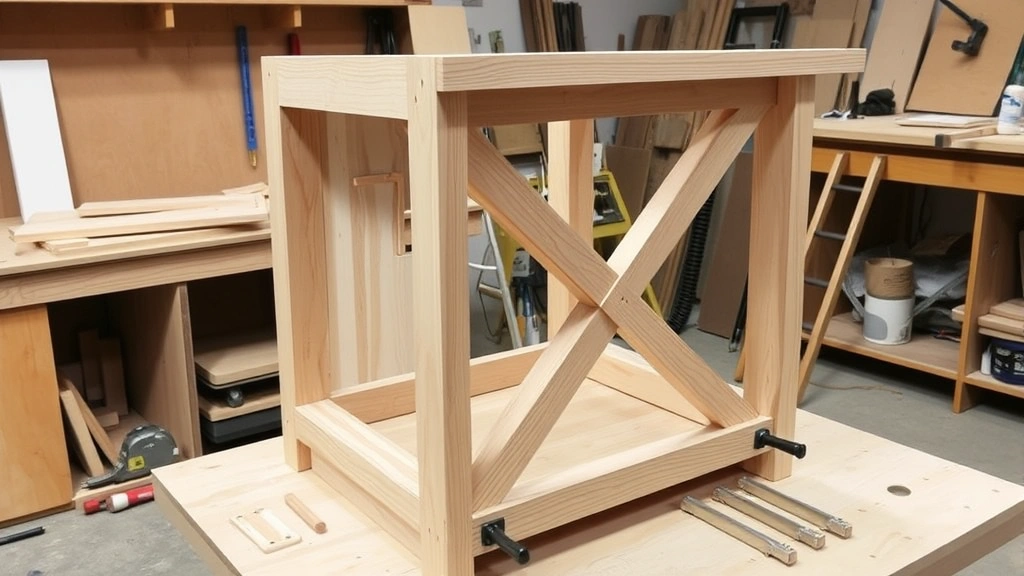 Partially assembled lectern base structure showing mortise-and-tenon joinery and cross-bracing support system, wood glue and clamps visible, workshop setting